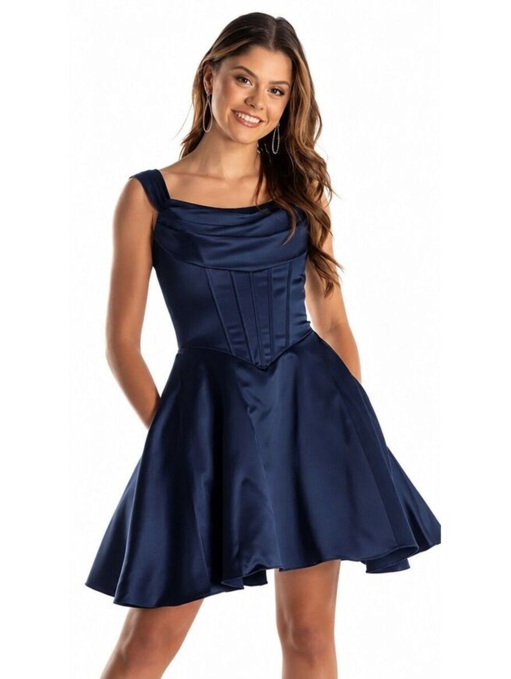 Morilee Damas Navy Blue Satin Fit & Flare Cocktail Party Dress Sz 8 NWT Corset